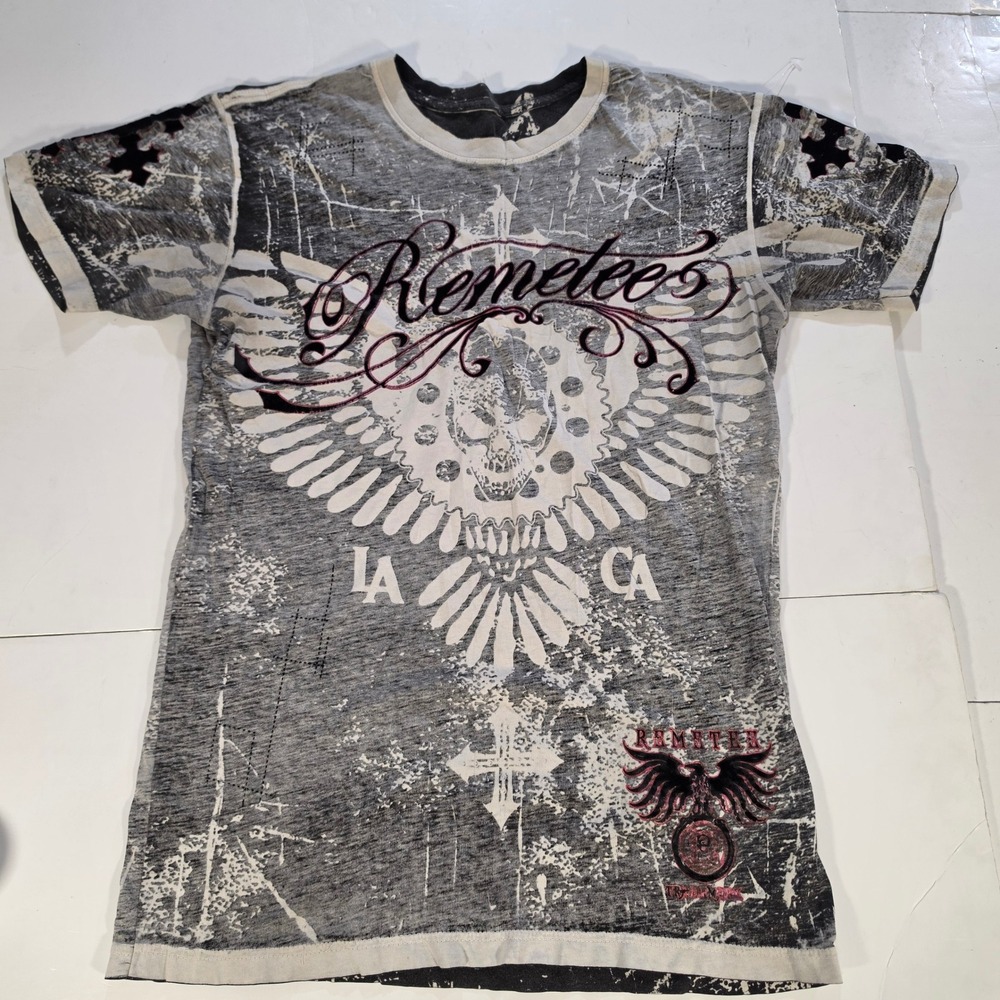 Remetee Mens Y2K Skull Wings Graphic T-Shirt Grey Black Burnout MMA Style